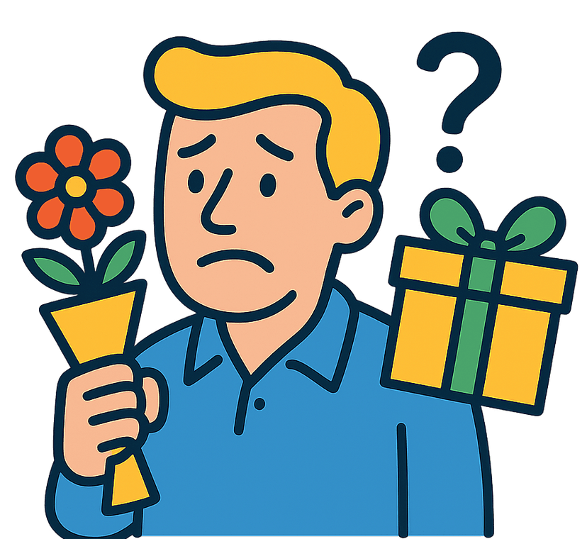 Confused person with flowers and gift